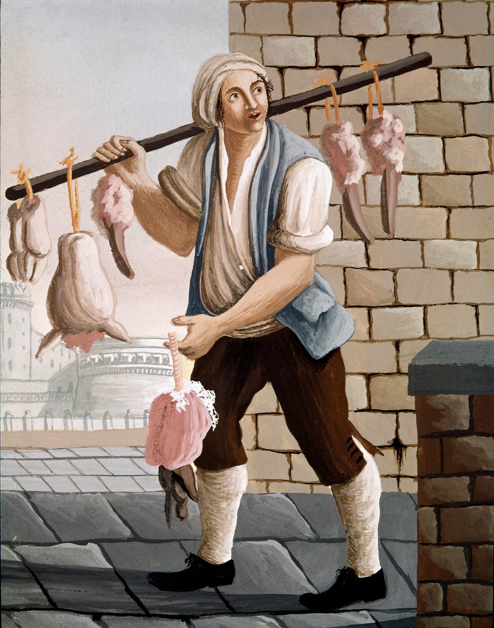 Le boucher itinérant vendant des têtes de veau aquarelle 19ème siècle - Naples Museo Nazionale di San Martino - Italian School