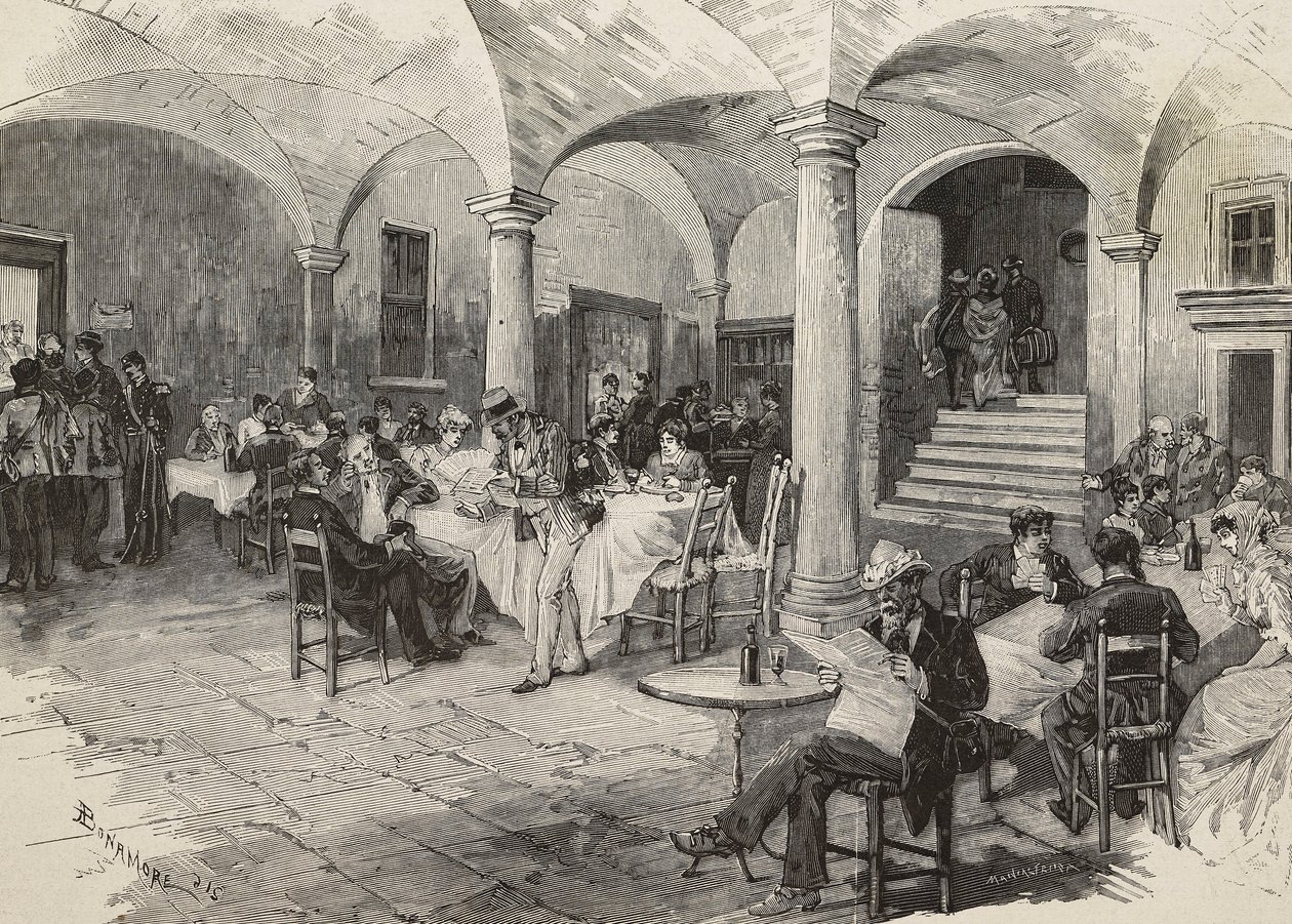 Passagers de troisième classe et passagers de première classe en quarantaine, désinfection des bagages, château de Quarcino, à la frontière suisse, épidémie de choléra, Italie, gravure de Mancastropa d