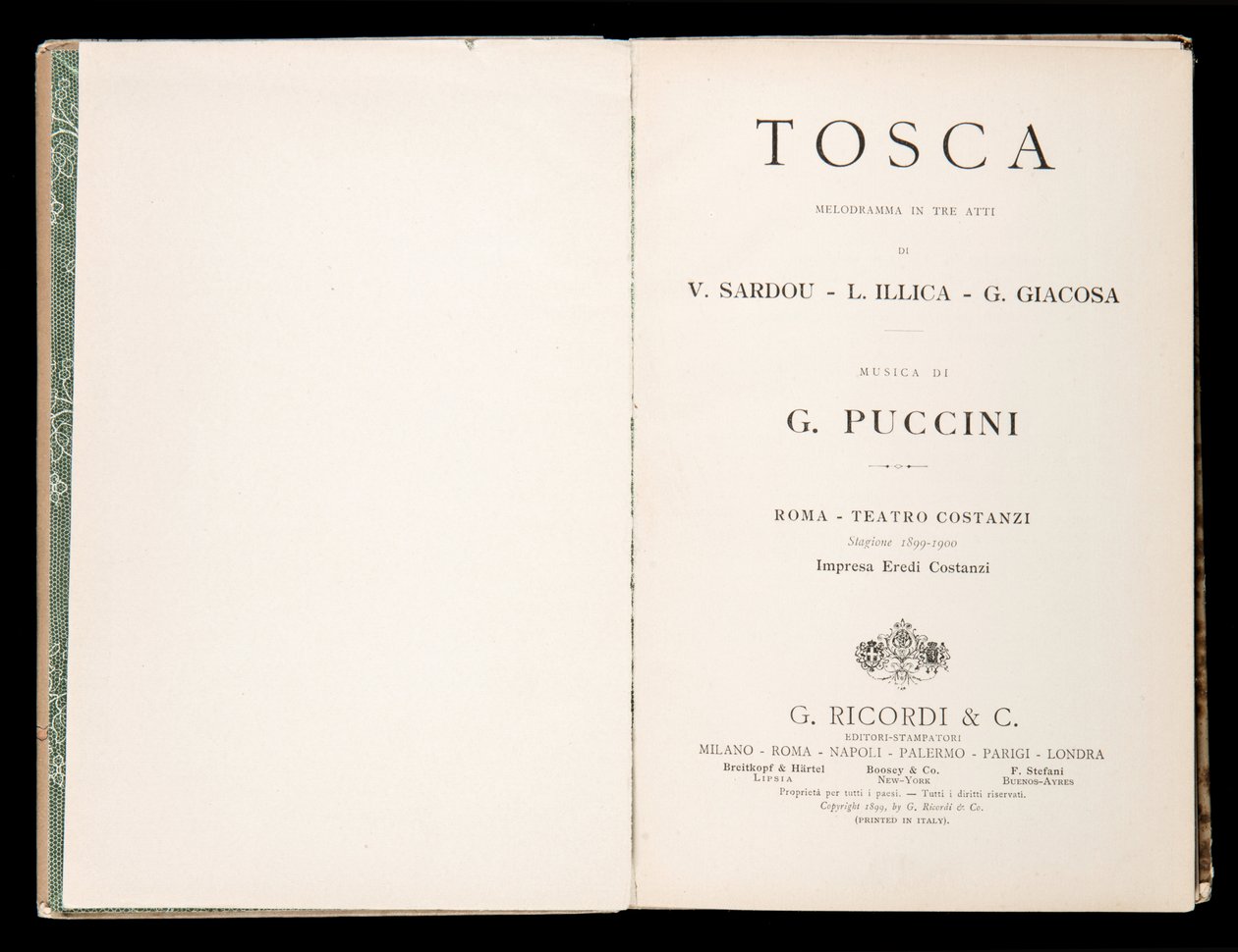 Page de titre, Libretto della Tosca par Giacomo Puccini, Édition Ricordi, Italie - Italian School