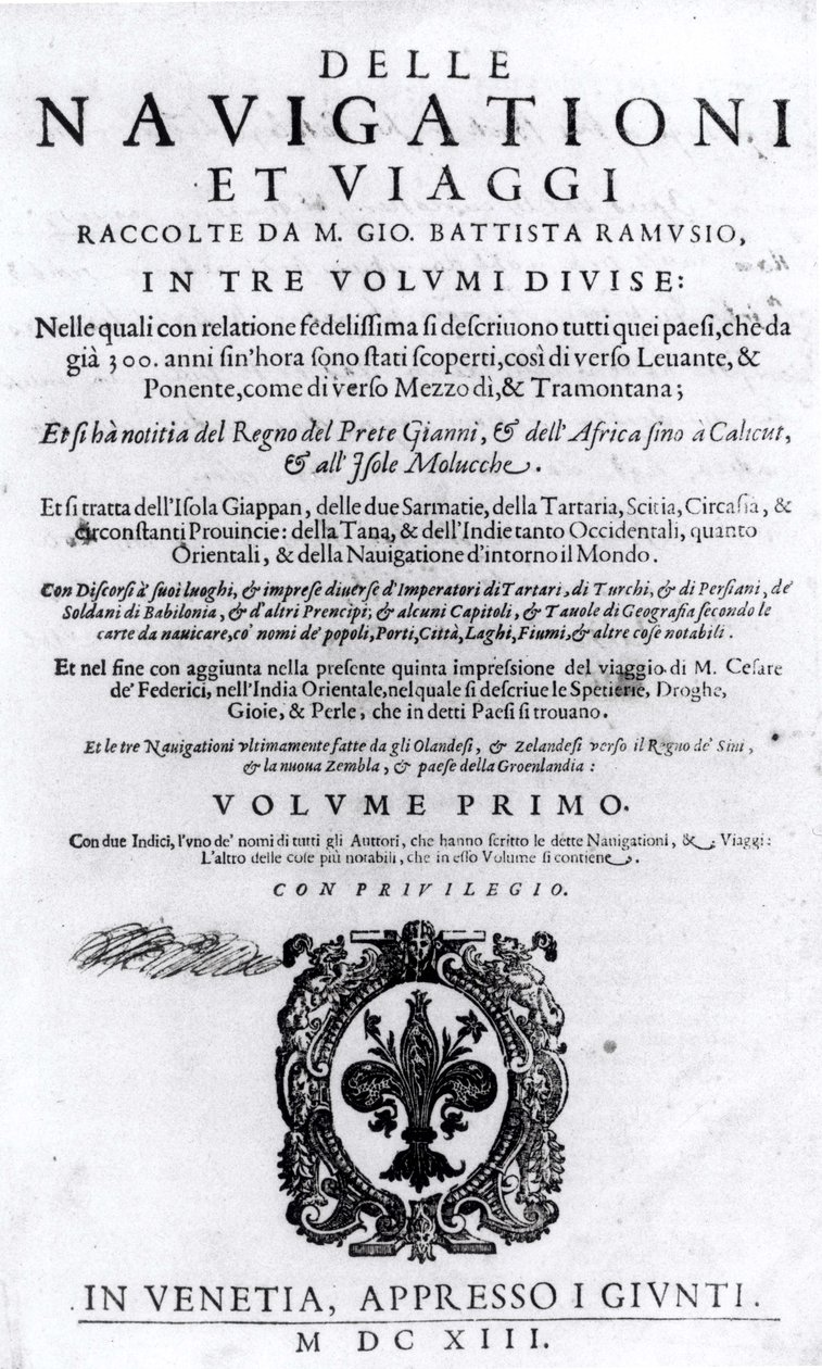 Page de titre du volume I de Delle Navigationi et Viaggi par Giovanni Ramusio, publié en 1613 - Italian School