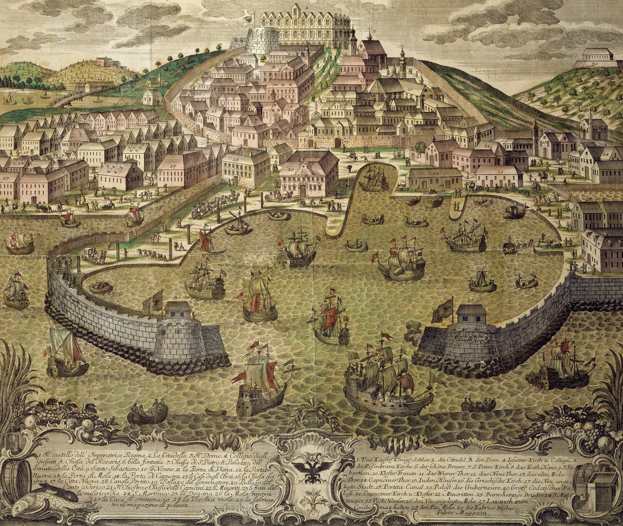 Ville de Trieste et son port franc, gravure en couleur, Italie - Italian School