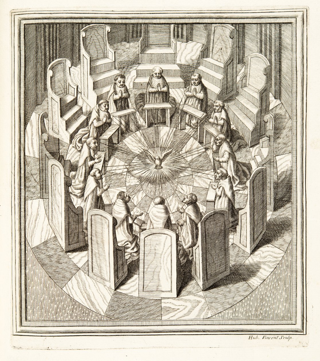 Douze juges de la Rote priant dans une salle circulaire entourant le Saint-Esprit, pub. 1717 - Italian School