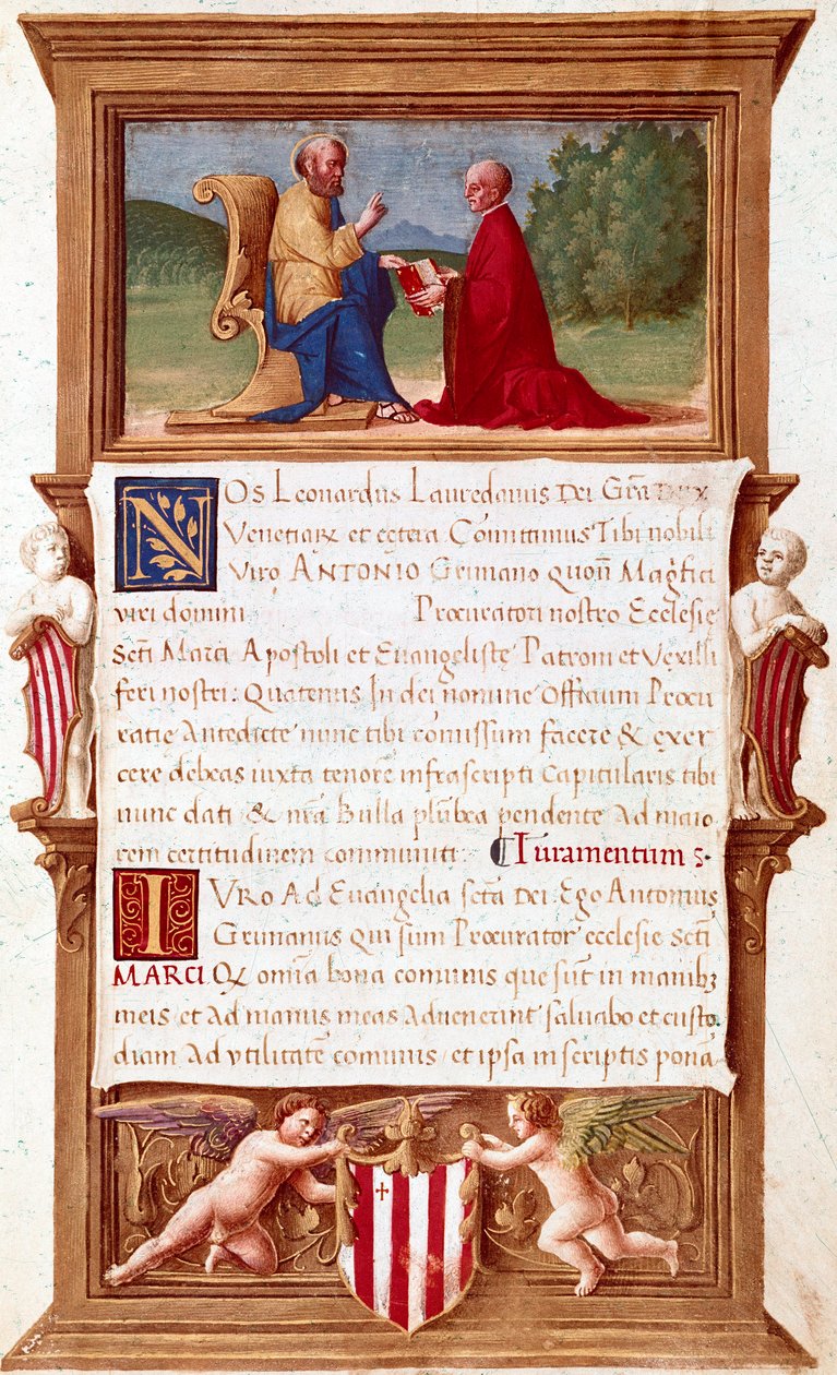 Venise : Commission du doge Antonio Grimani (1434-1523), procurateur de San Marco. Page de manuscrit du XVIe siècle. Venise, Museo Correr - Italian School
