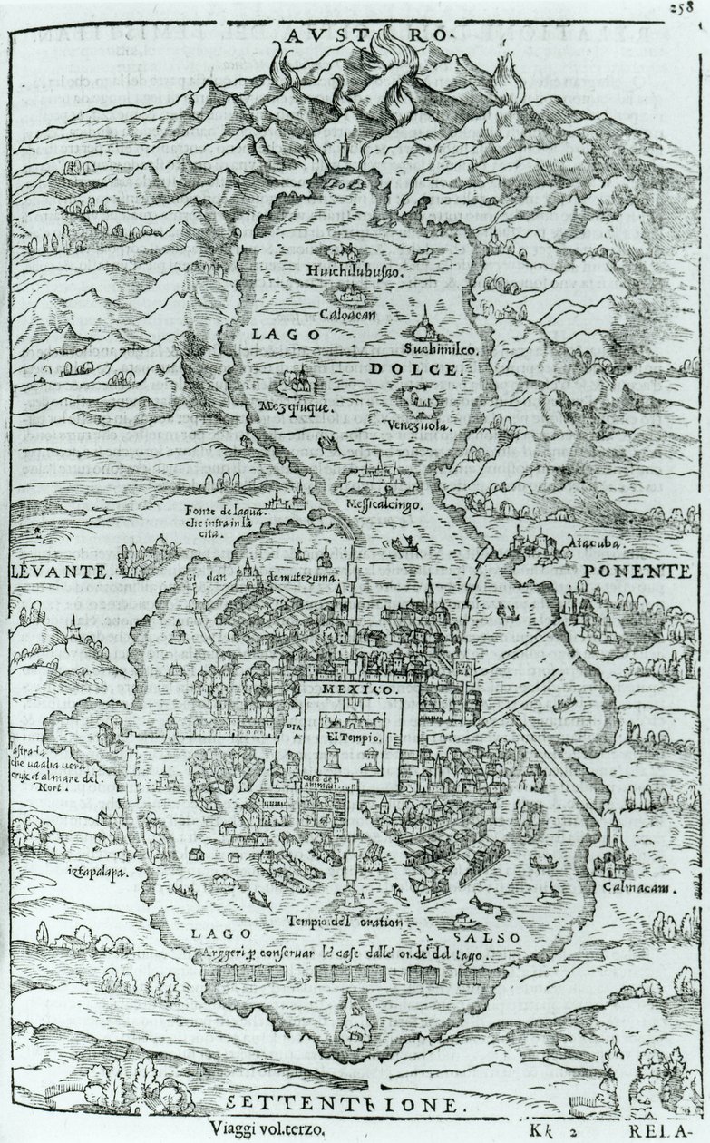 Vue du nord de la ville aztèque de Tenochtitlan, de Relatione della Citta del Temistitan par Giovanni Battista Ramusio, publié à Venise en 1606 - Italian School