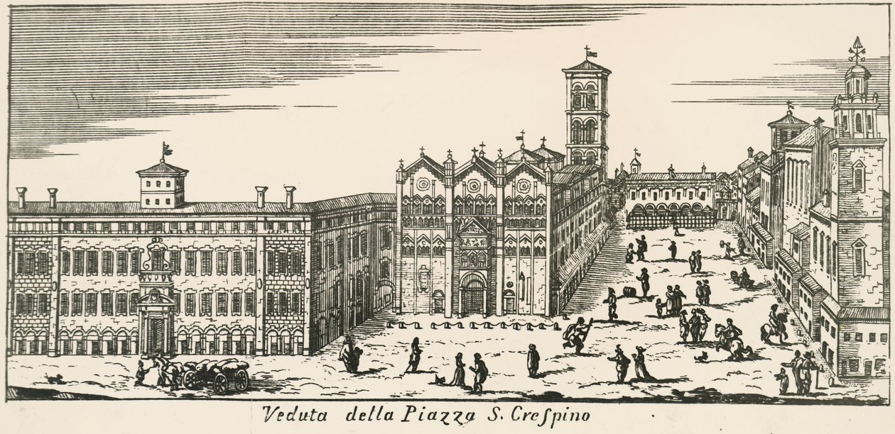 Vue de la Piazza San Crispino et de la cathédrale de Ferrare, gravure, Italie - Italian School