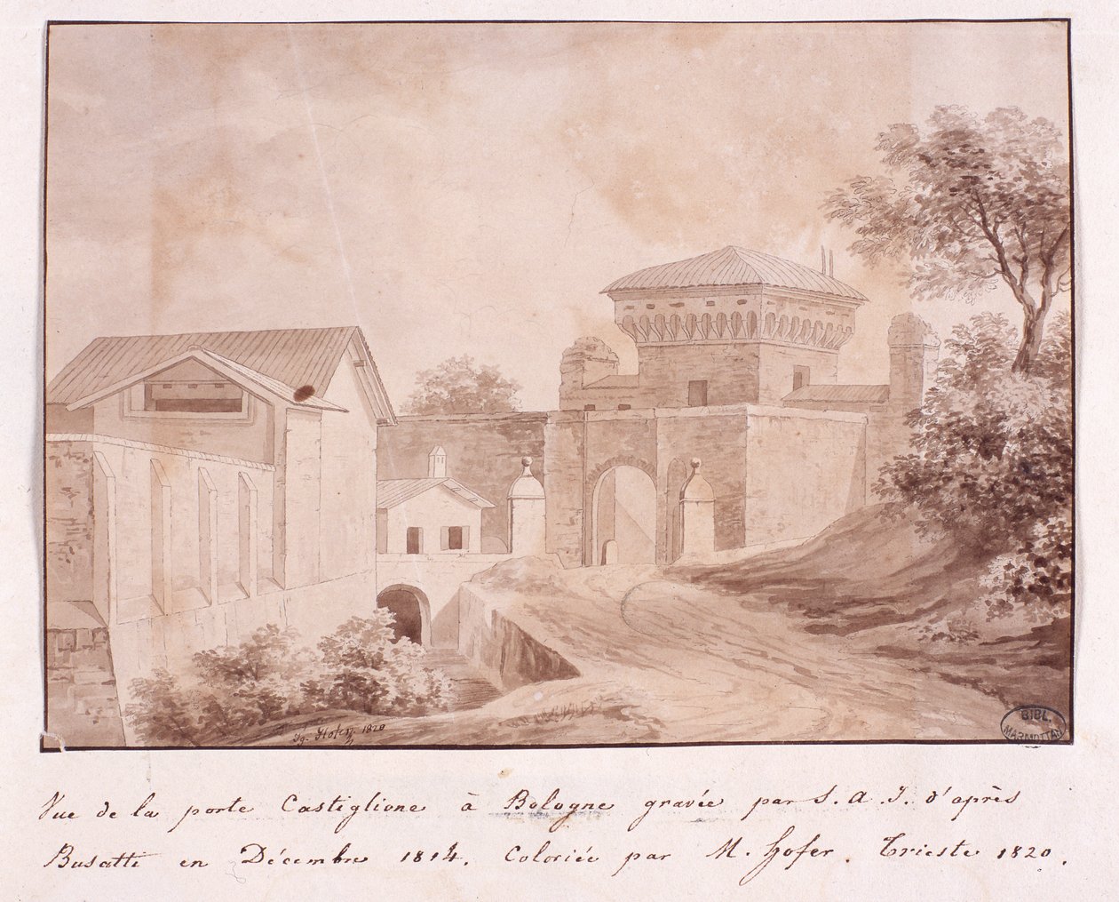 Vue de la porte de Castiglione à Bologne, gravée par S.A.I. d