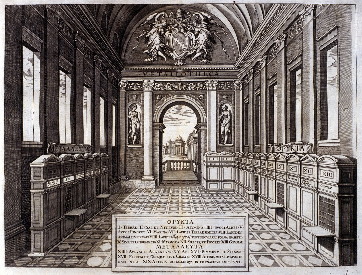 Vue du musée de Michele Mercati (1541-1595), intendant des jardins botaniques du Vatican. Gravure de « Metallotheca... » Rome 1717 - 1719 - Italian School