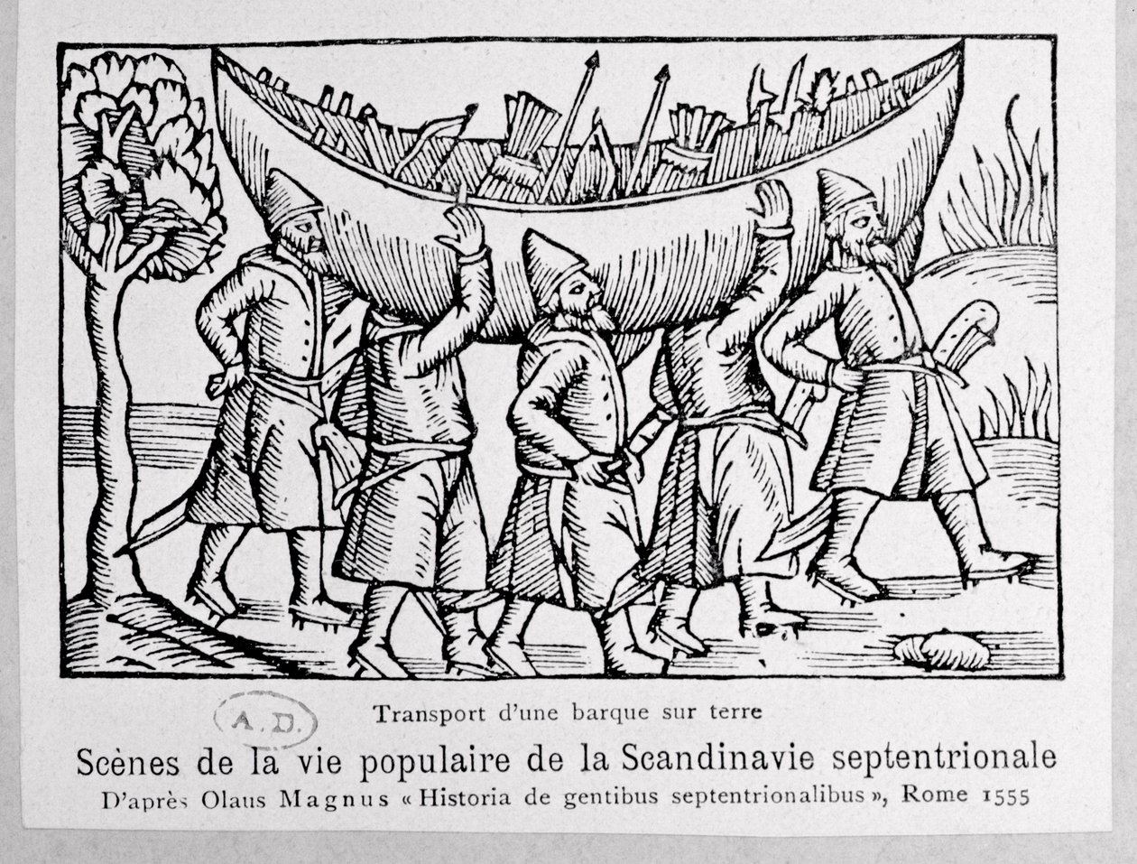 Les Vikings transportant un bateau en Russie, illustration de Historia de Gentibus Septentrionalibus par Olaus Magnus (1490-1558), publié à Rome, 1555 - Italian School