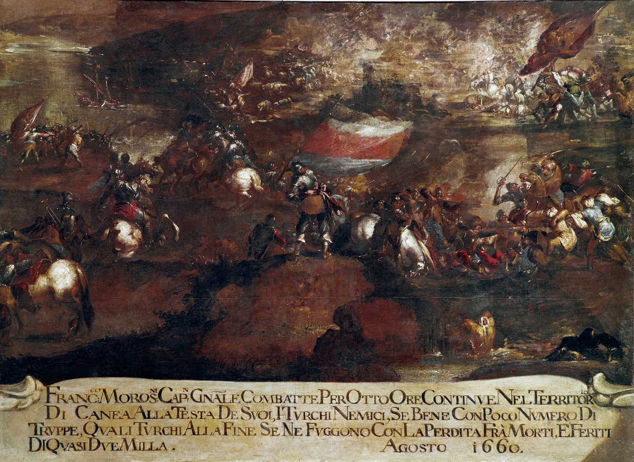 Guerre de Candie (Crète) : Bataille de La Canée menée par Francesco Morosini en août 1660 - Italian School