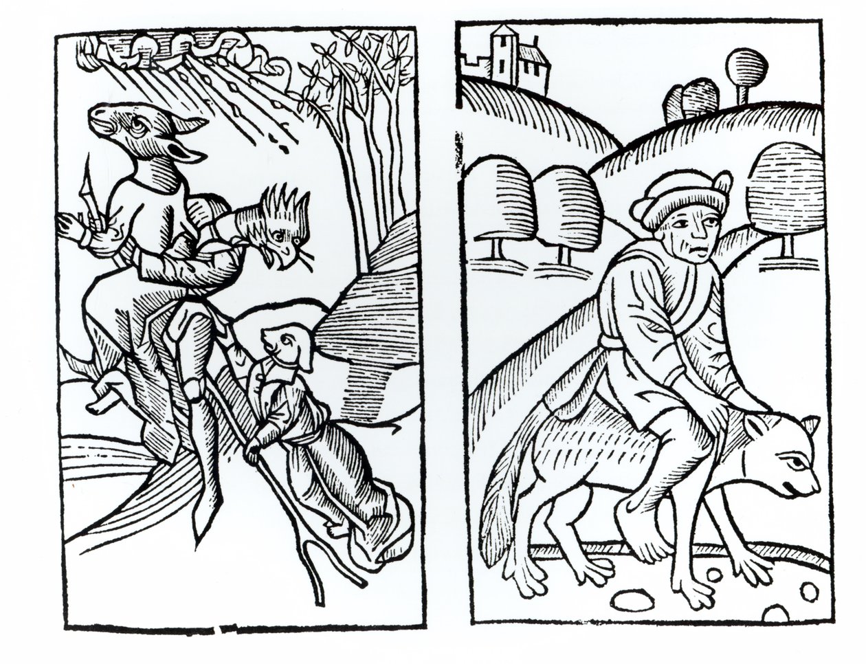 Sorcières déguisées en animaux chevauchant un balai (à gauche) et sorcier chevauchant un loup (à droite), copies d