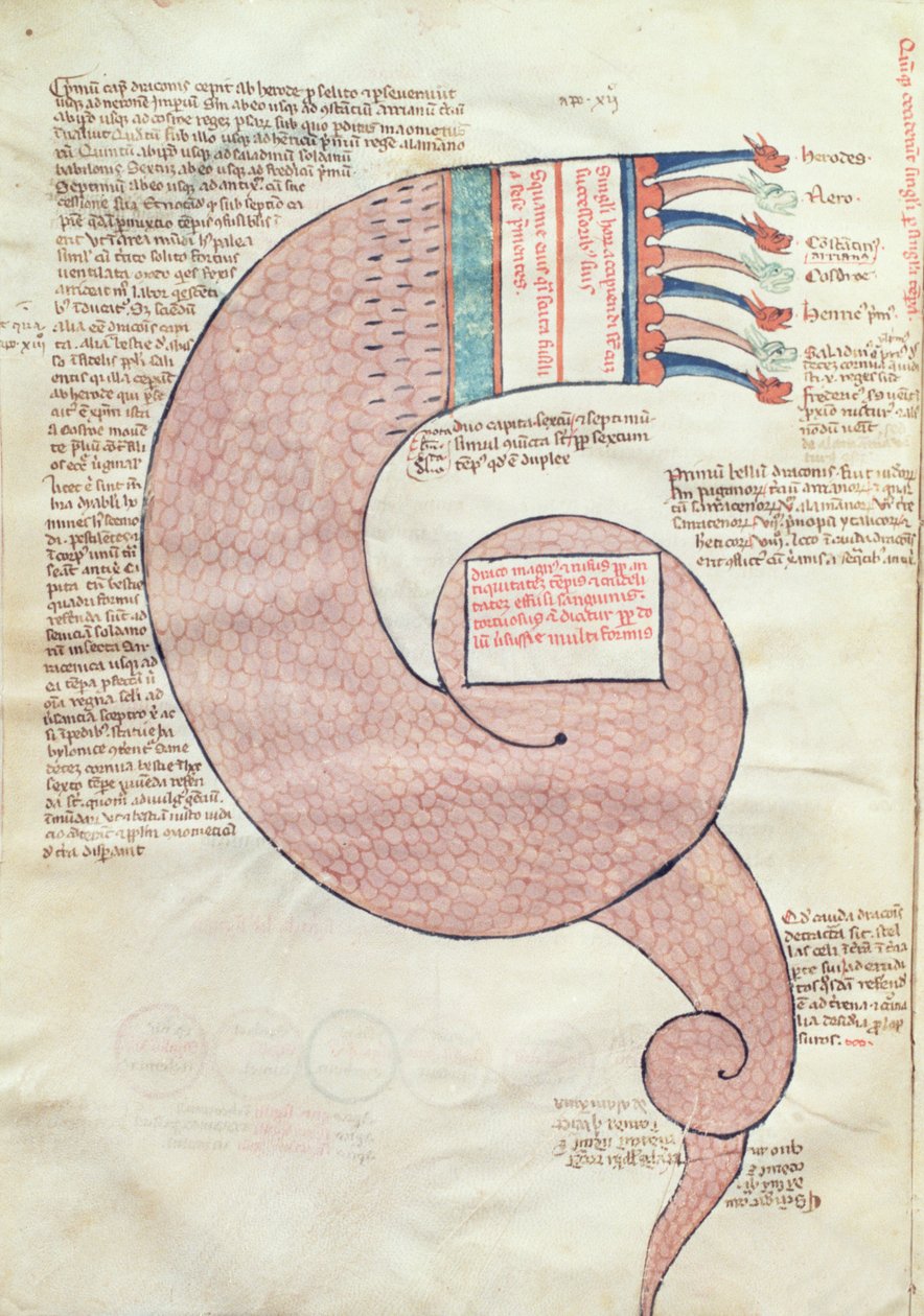 Page de texte avec un dragon apocalyptique, du Liber Figurarum e le Proemisssiones Gioachimitiche par Joachim de Flore (c.1132-1202) - Italian School
