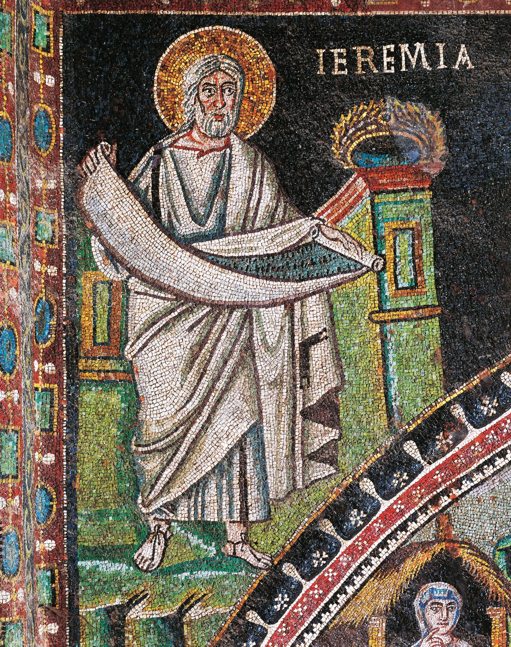 Prophète Jérémie, mosaïque, à gauche de la lunette, mur nord du presbytère, Basilique de San Vitale - Italian School