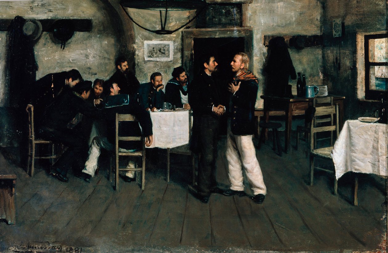 Rencontre de Giuseppe Garibaldi (1807-1882) et Giovanni Battista Cuneo (1809-1875) à Taganrog, port sur la mer Noire en 1833, par Italo Nunes Vais (1860-1932) - Italo Nunes Vais