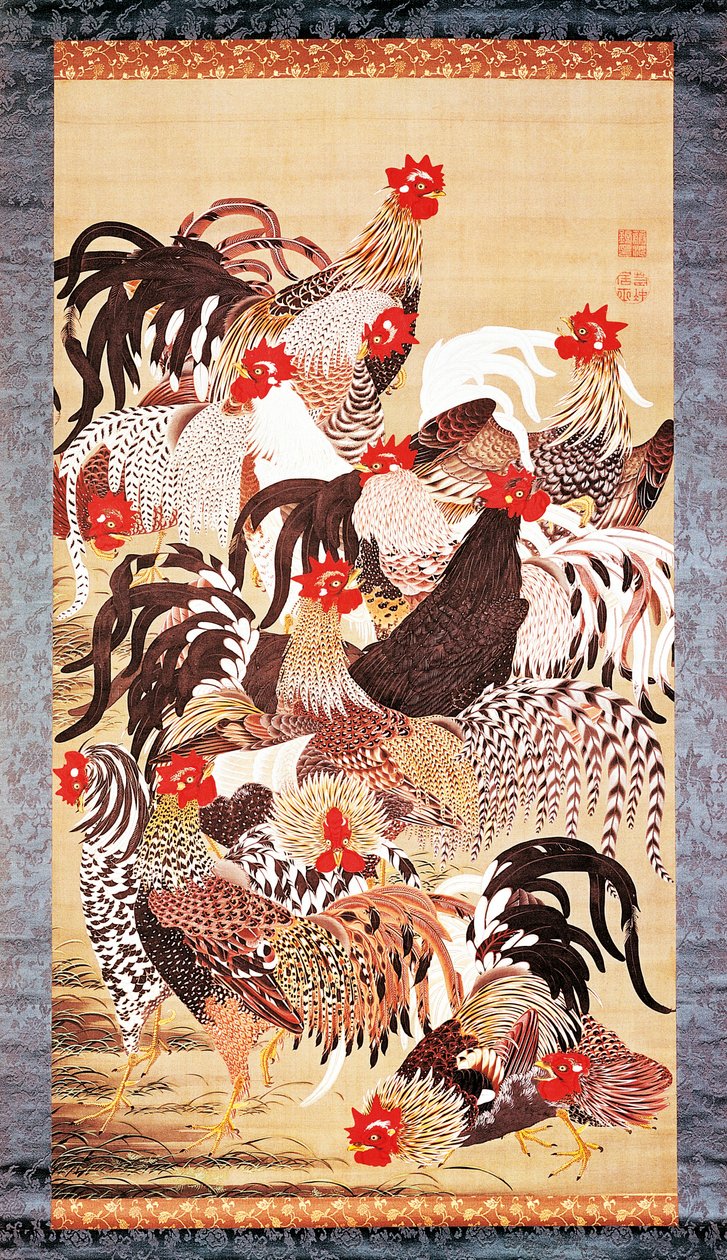 Treize coqs, de Doshoku Sai-e (Royaume coloré des êtres vivants) Période Edo. vers 1757-66 (couleur sur soie) - Ito Jakuchu