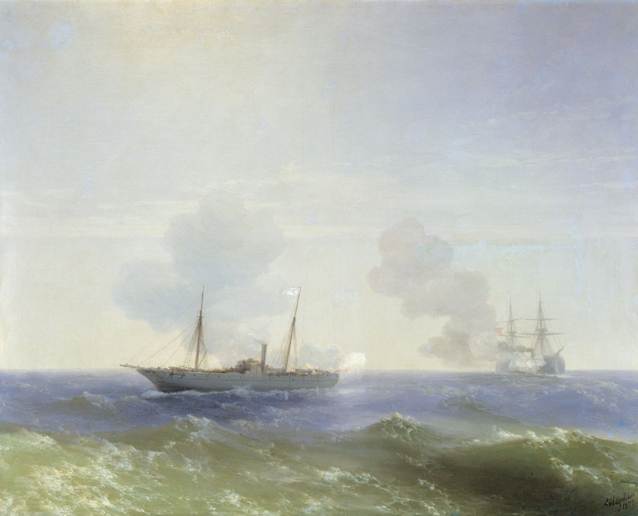 Russe : "Combat du bateau à vapeur Vesta avec le cuirassé turc Fehti-Bulend dans la mer Noire le 11 juillet 1877 " Combat du bateau à vapeur Vesta avec le cuirassé turc Fehti-Bulend dans la mer Noire le 11 juillet 1877 - Ivan Aivazovsky