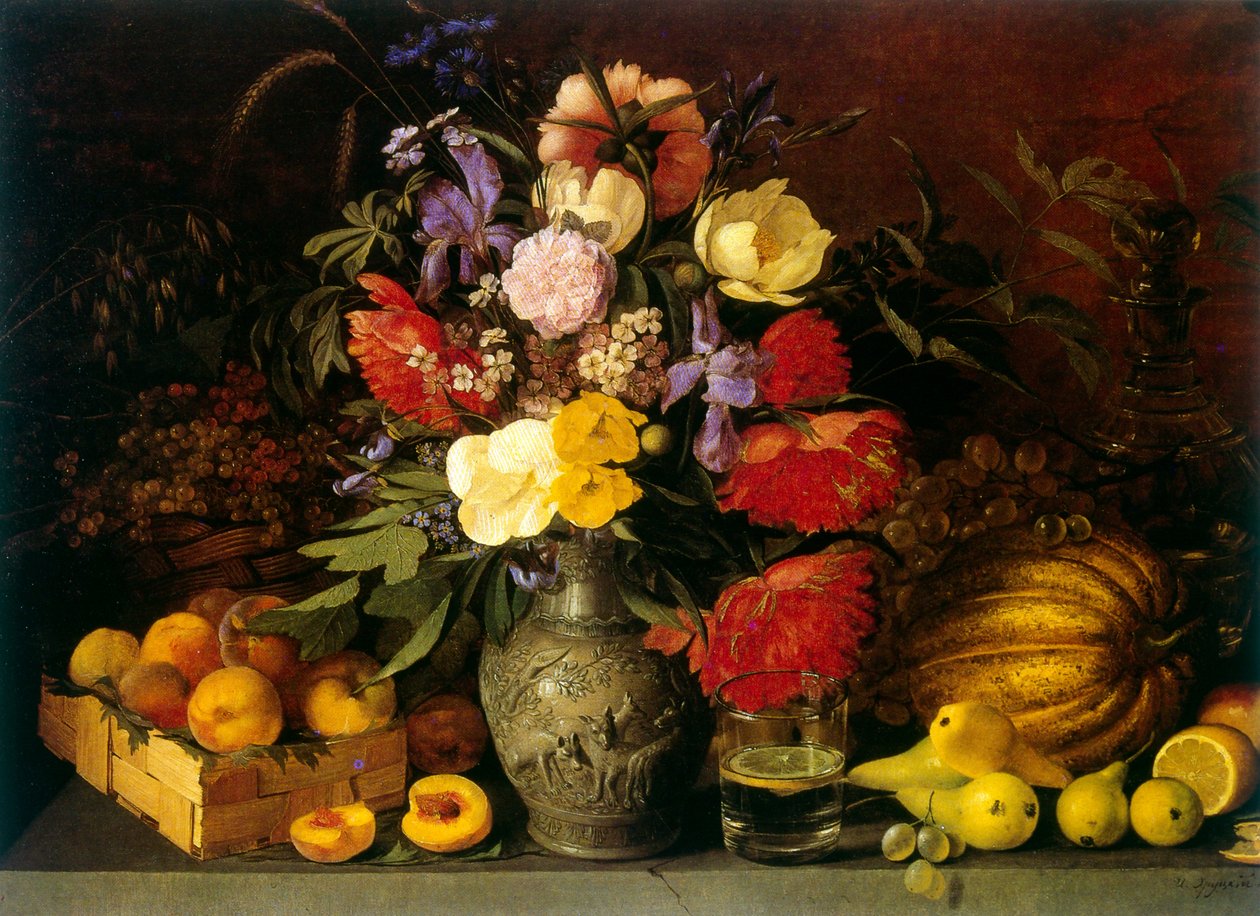 Nature morte aux fleurs et aux fruits 1839 par Ivan Khrutsky (18101885) Nom de naissance : Jan Chrucki. Peintre russo-polonais - Ivan Khrutsky