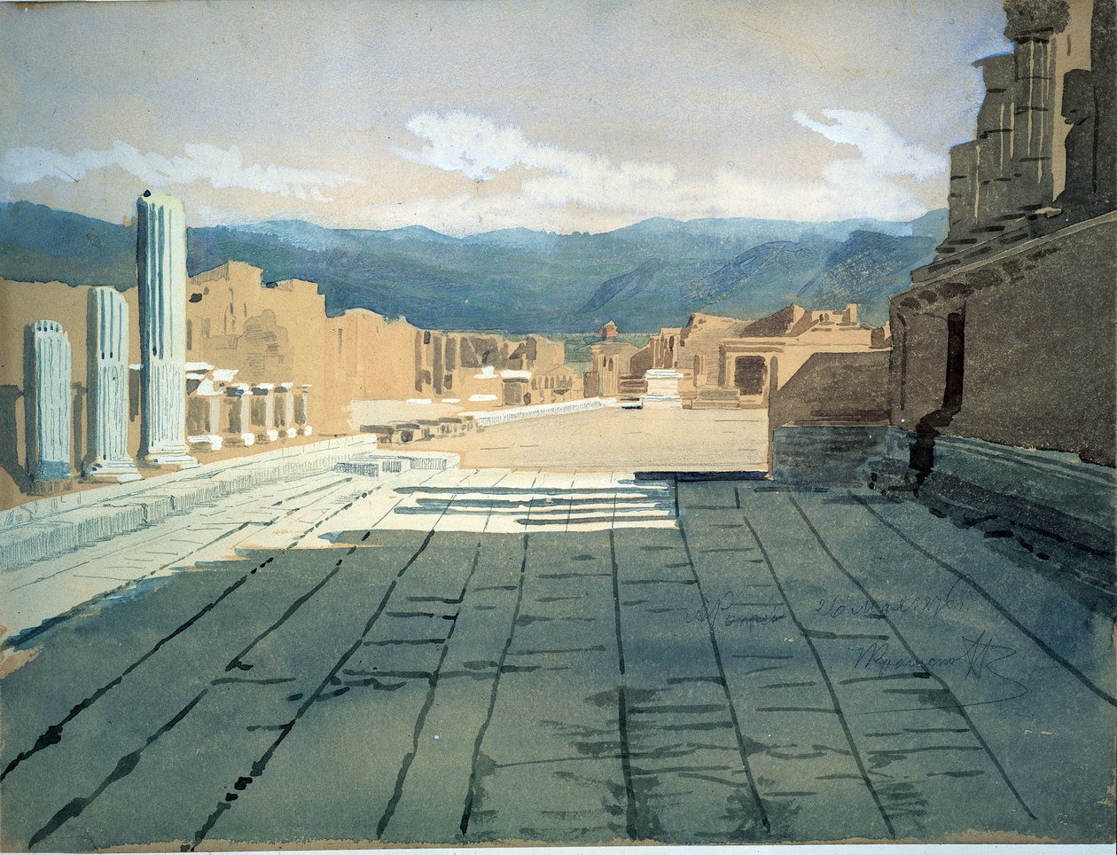 Pompei (Italie). Vues du forum des ruines romaines dans la baie de Naples, devant le mont Vésuve. Œuvre de Ivan Nikolayevich Kramskoi (1837-1887), aquarelle sur papier - Ivan Nikolaevich Kramskoy
