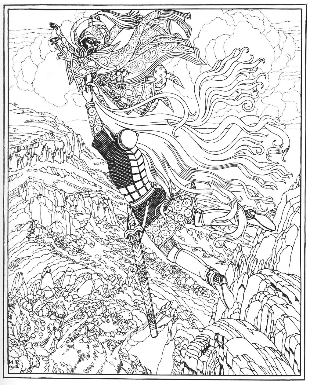 Fuite de Chernomor et Ruslan. Illustration du poème Ruslan et Ludmila par A. Pouchkine, 1918 - Ivan Yakovlevich Bilibin
