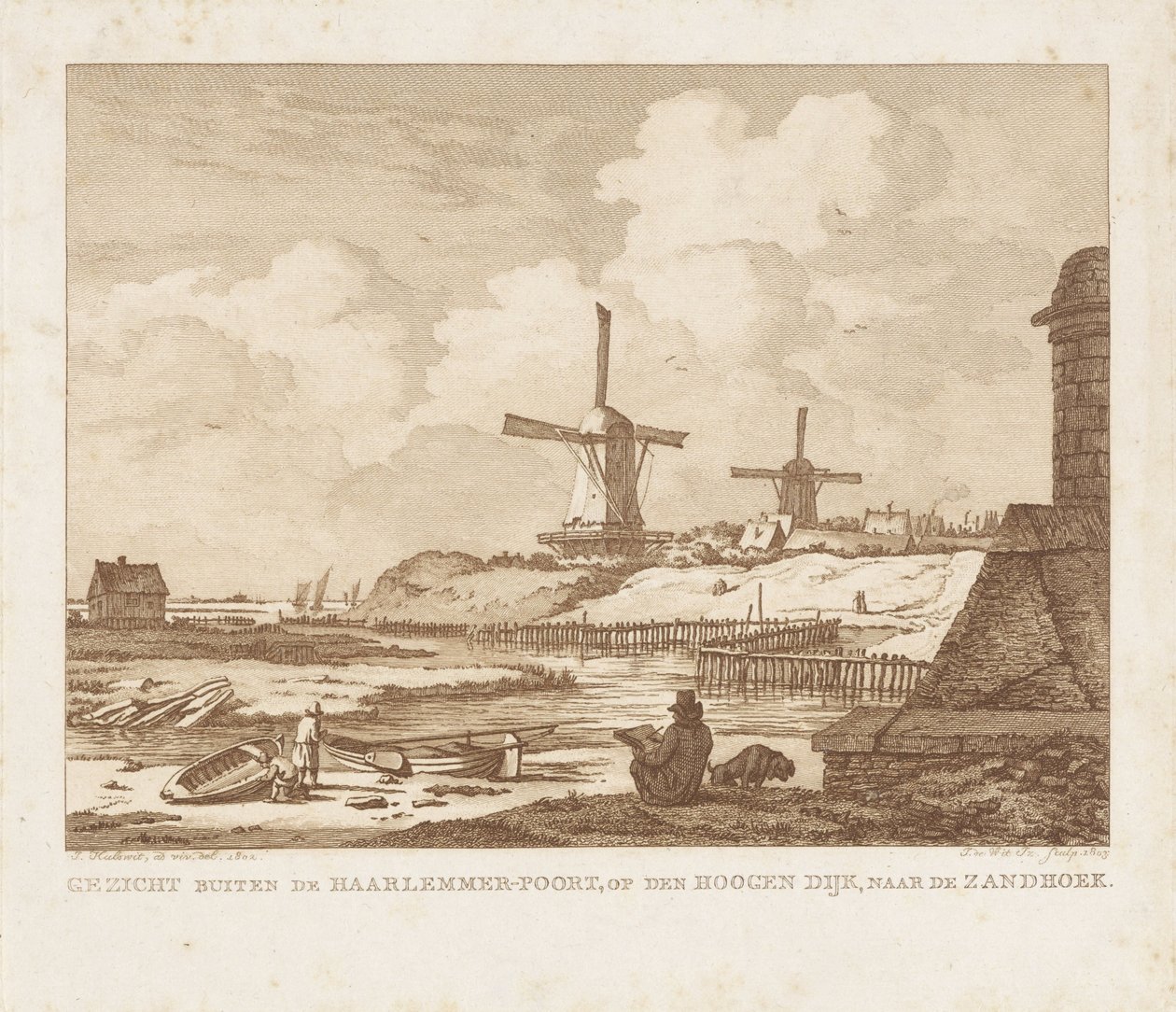 Vue hors de la Haarlemmerpoort à Amsterdam avec un dessinateur assis - Izaak Jansz. de Wit