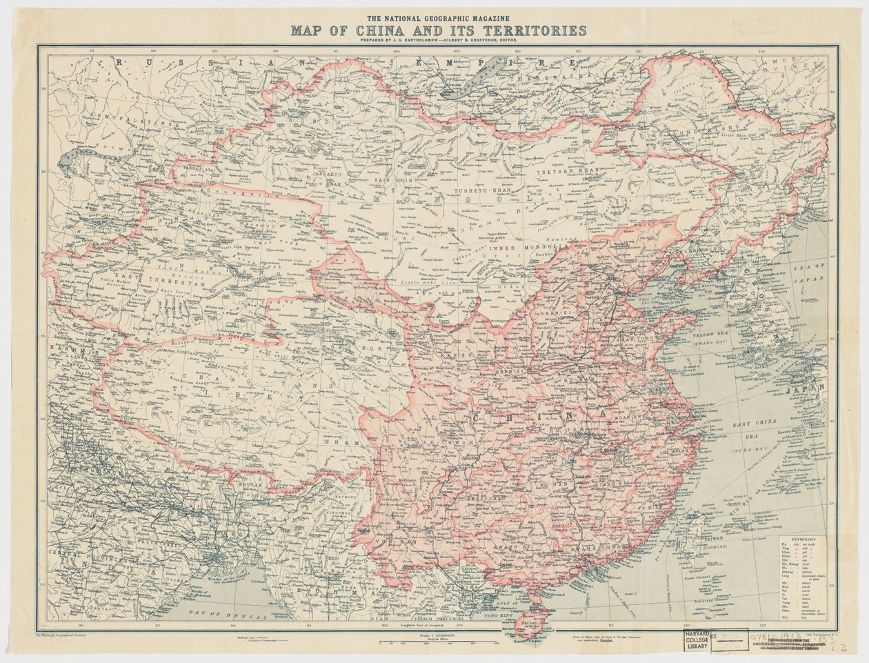 Carte de la Chine et de ses territoires du National Geographic Magazine - J. G. Bartholomew