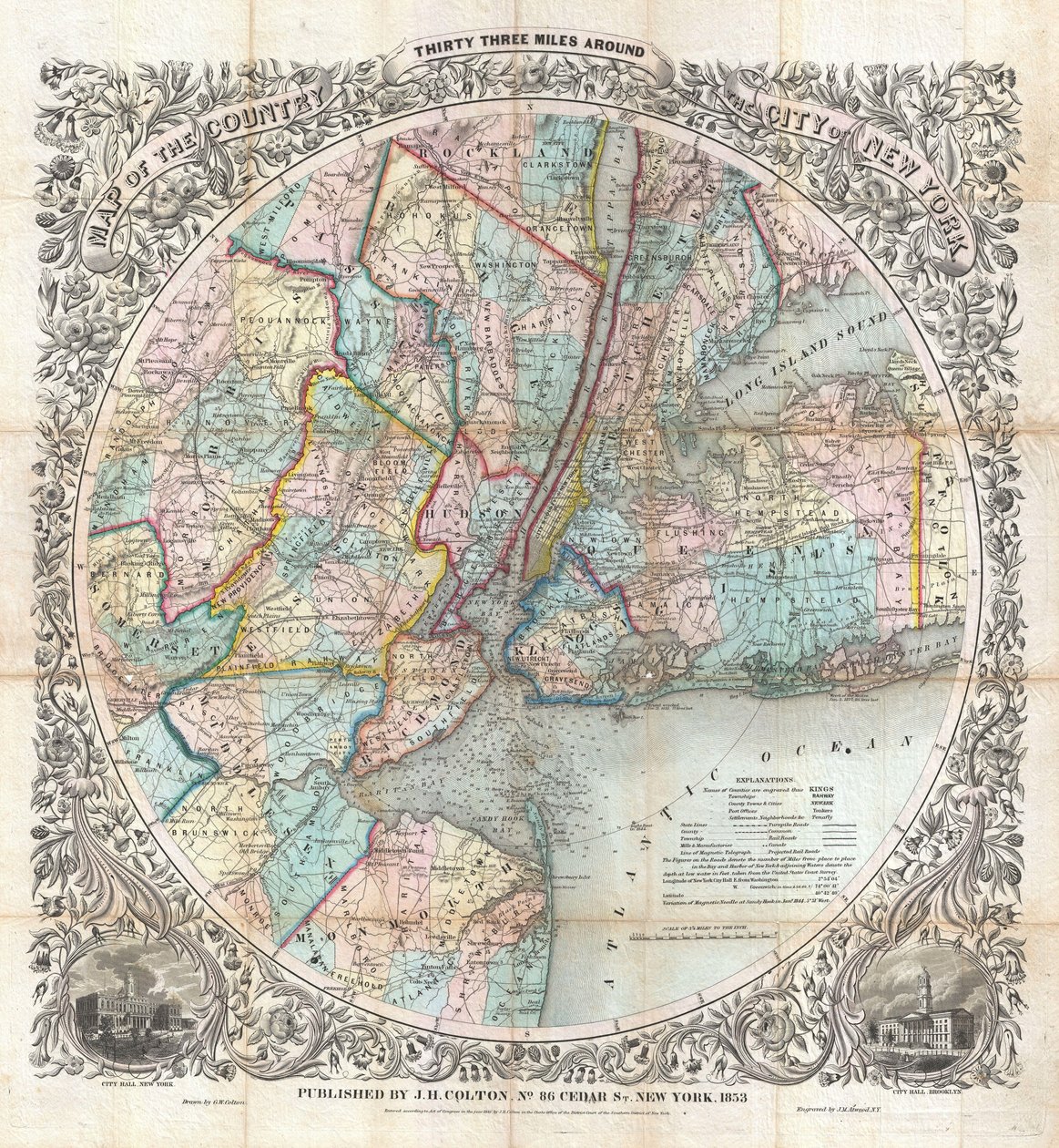 Carte du pays à trente-trois miles autour de la ville de New York - J. H. Colton