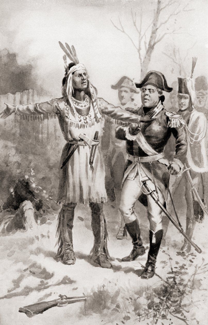 Tecumseh réprimande le général Proctor pour sa retraite pendant la bataille de la Tamise, alias la bataille de Moraviantown, qui faisait partie de la guerre de 1812, tiré de L