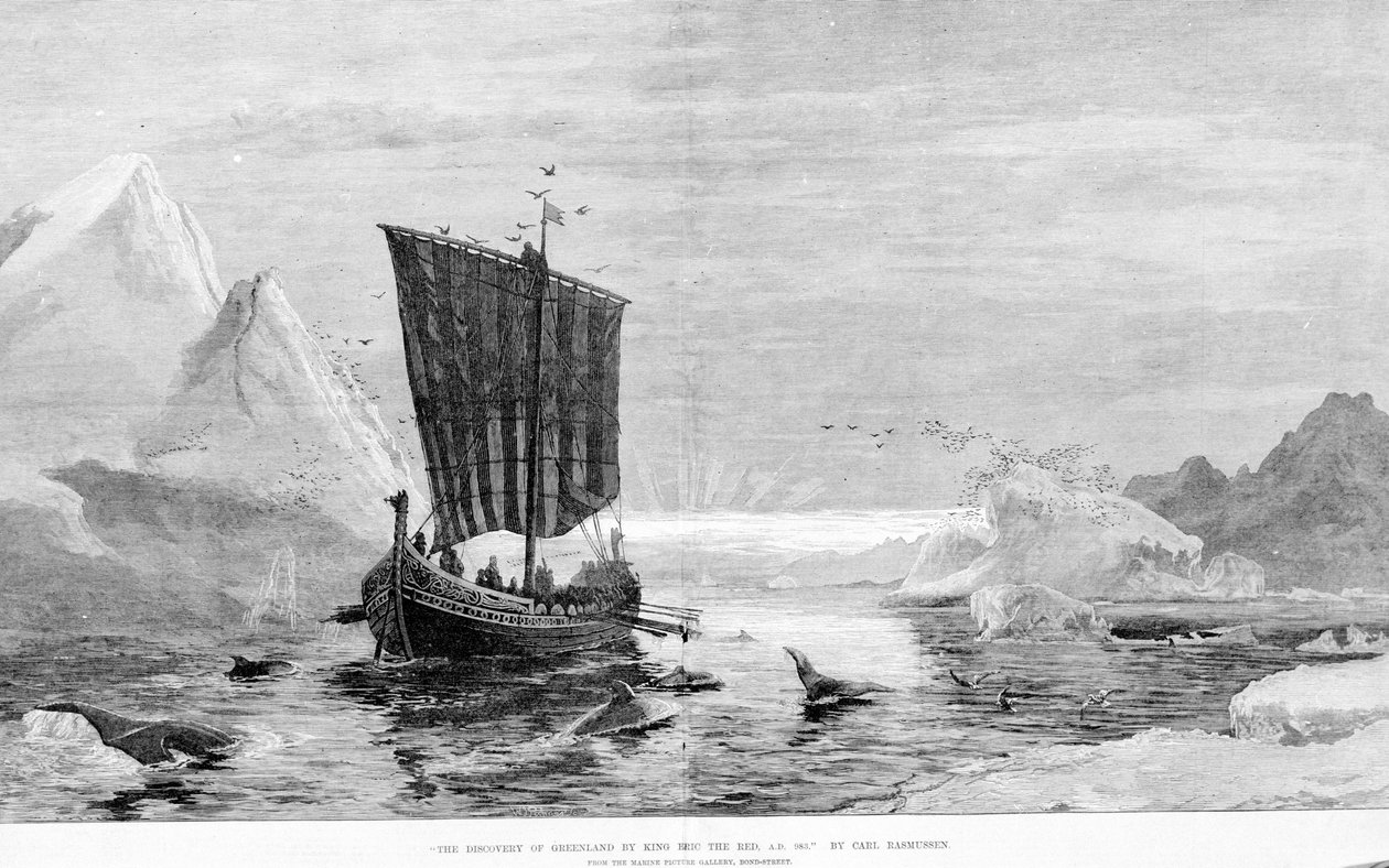 La découverte du Groenland par Erik le Rouge au 10ème siècle par C. Rasmussen. La Galerie des Peintures Marines, Bond Street - J.E. Carl Rasmussen