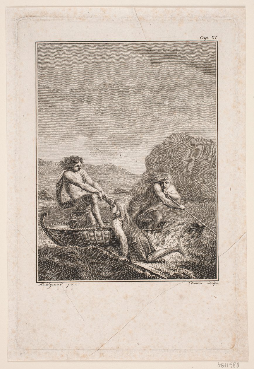 Le naufragé Niels Klim sauvé par deux Qvamiter dans un bateau en osier - J.F. Clemens