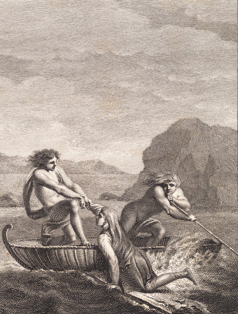 Le naufragé Niels Klim sauvé par deux Qvamiter dans un bateau en osier - J.F. Clemens