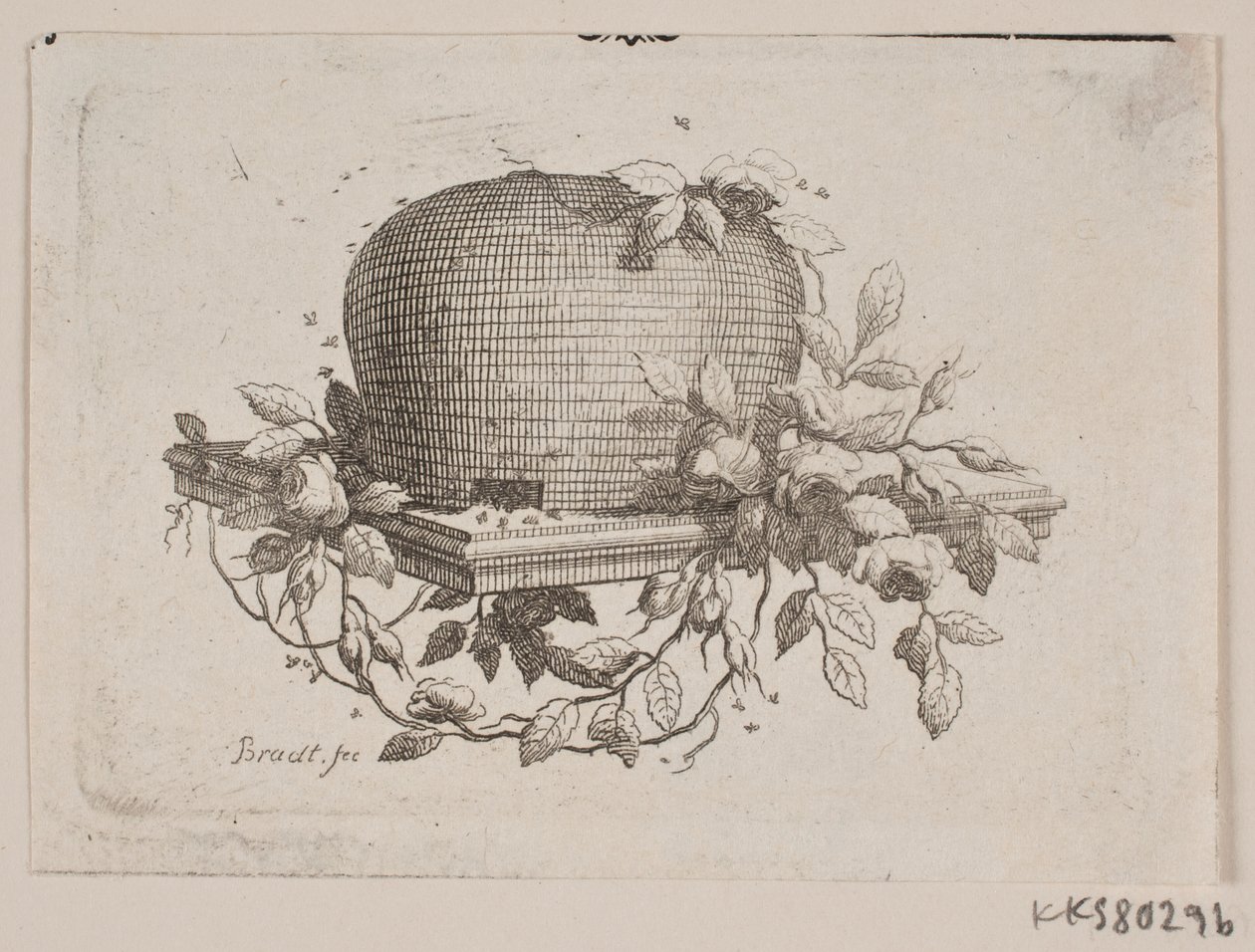 Une plaque portant une ruche, entourée de feuilles de rose - J.F. Clemens