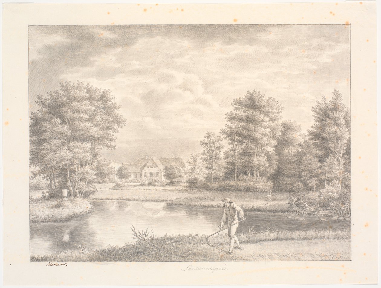 Sanderumgaards avec maison. Au premier plan, homme avec faux - J.F. Clemens