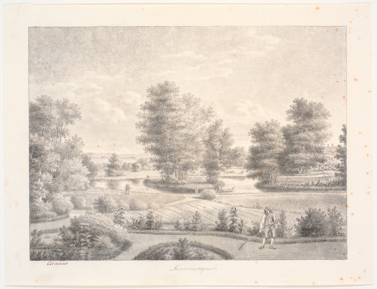 Le jardin de Sanderumgaard avec une île boisée. Au premier plan, un homme avec un râteau - J.F. Clemens