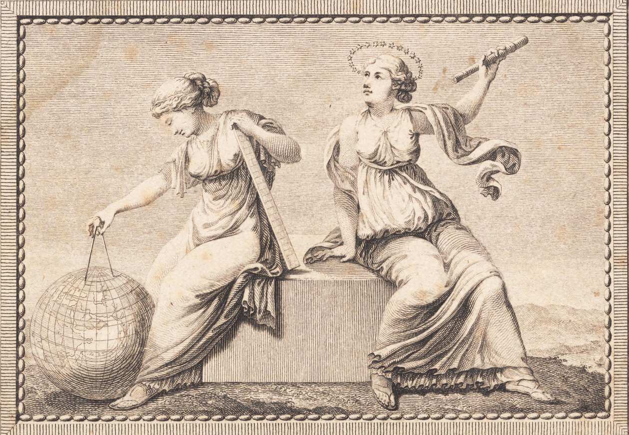Urania et Gaïa assises sur un bloc de pierre carré - J.F. Clemens
