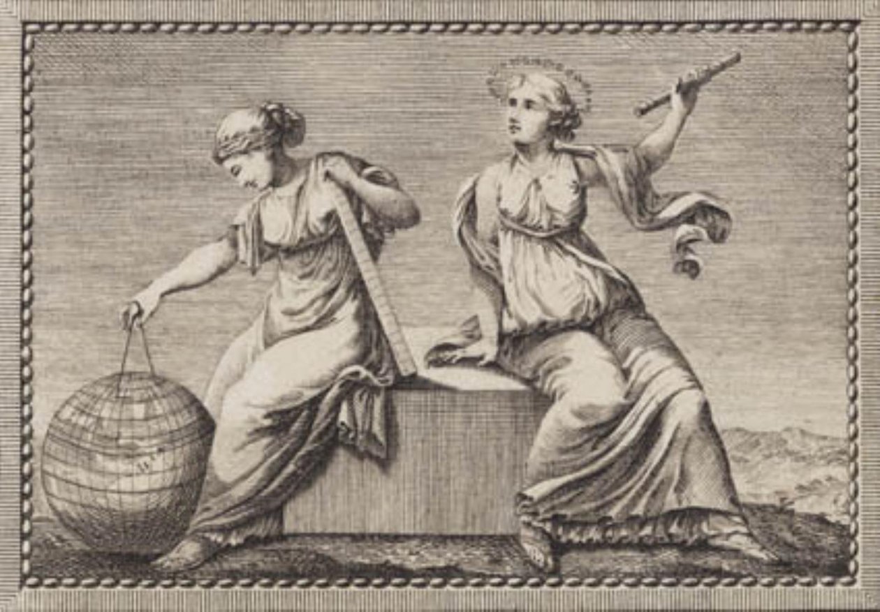 Urania et Gaïa assises sur un bloc de pierre carré - J.F. Clemens