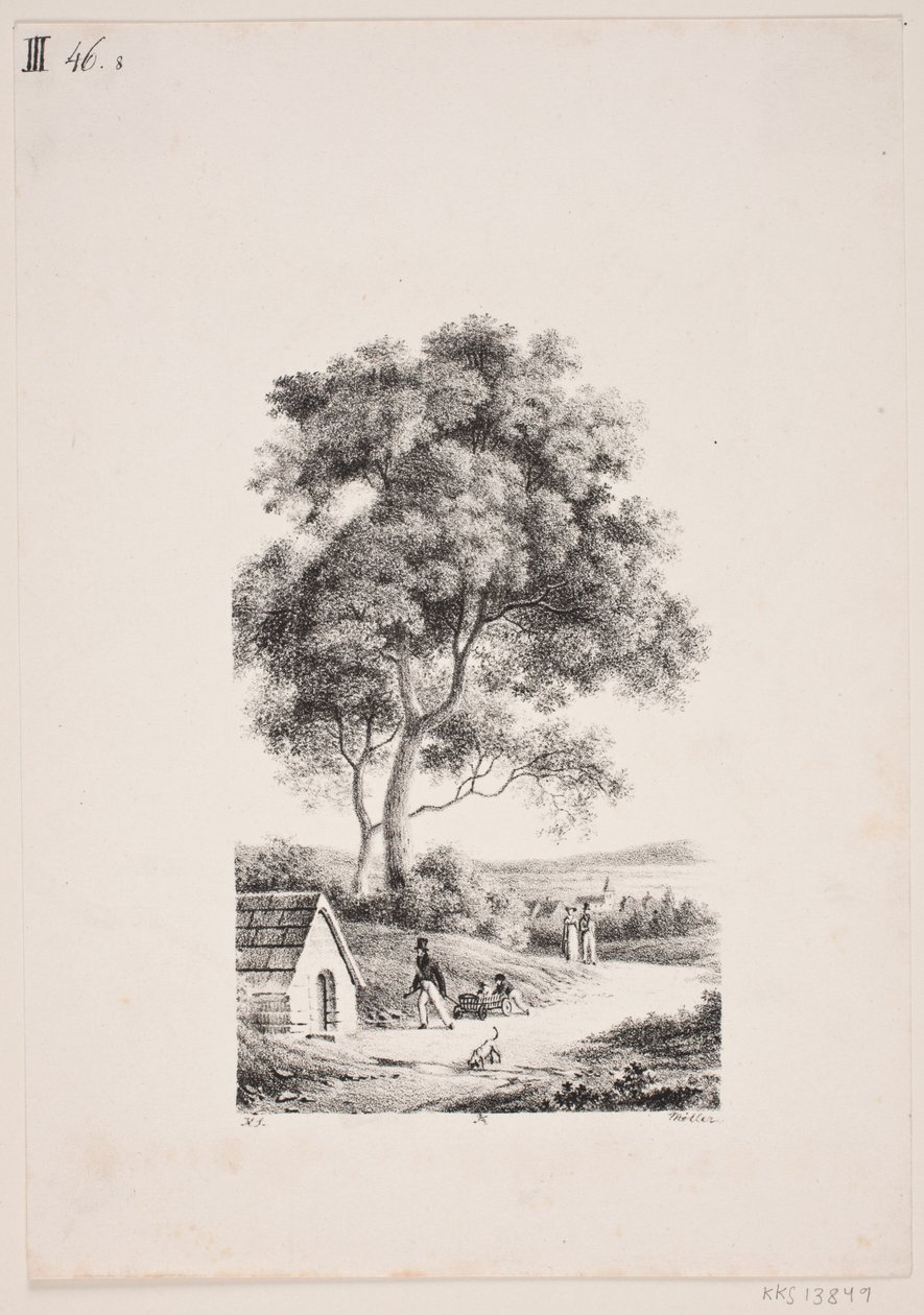Promeneurs sur un chemin, à gauche de grands arbres - J.F. Møller