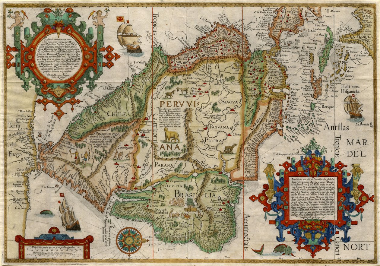 Delineatio omnium orarum totius Australis parties Americae..., vers 1596 (gravure sur cuivre coloriée à la main) - J.H. & van Langren A.F. (1571-1644) Linschoten