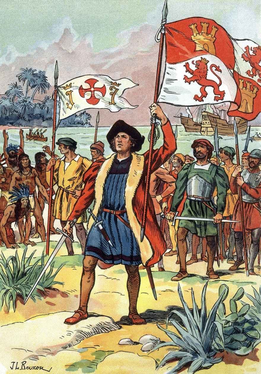 1492 : Christophe Colomb arrivant en Amérique avec le drapeau espagnol - J.L Beuzon (fl.1880 1940)