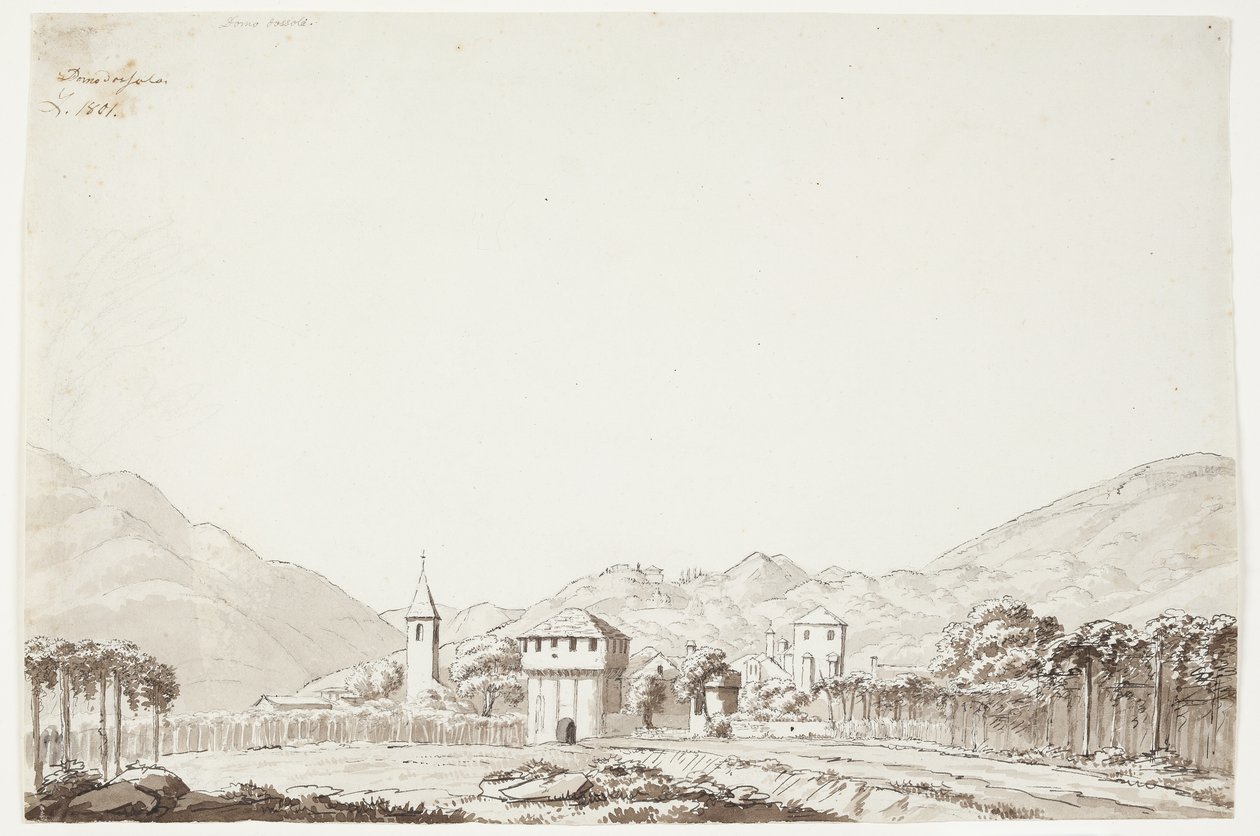 Paysage de Domodossola en Suisse avec église et tour de guet - J.L. Lund
