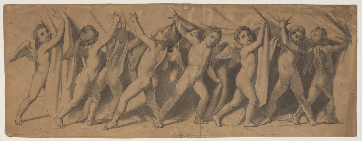 Esquisse pour le rideau du Théâtre Royal ; putti tirant le rideau de côté - J.L. Lund