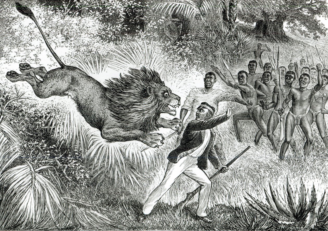 Livingstone attaqué par un lion - J.M. Cobner