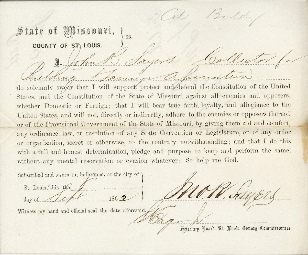 Serment de loyauté de John R. Sayers du Missouri, comté de St. Louis - J.R. Sayers