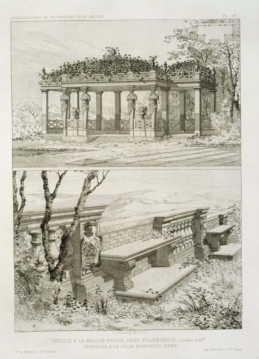 Pergola de La Maison Rouge près de Villemomble, conçue par Cordier, et terrasse de la Villa Borghese, Rome, c.1880 - J. Boussard