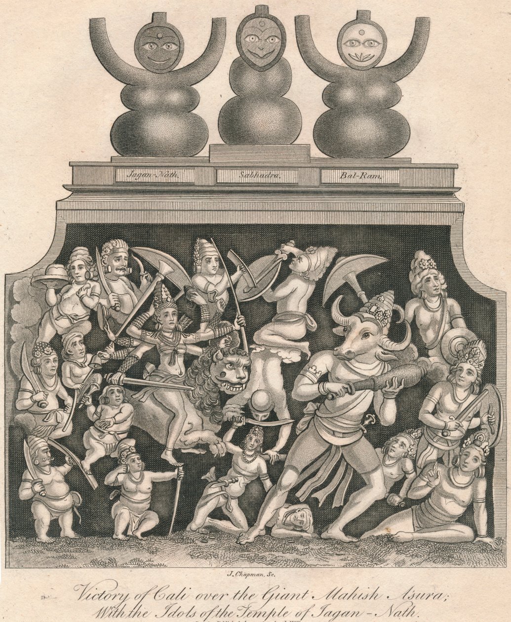 Victoire de Kali sur le Géant Mahish Asura, avec les Idoles du Temple de Jagan-Nath, 1809 - J. Chapman