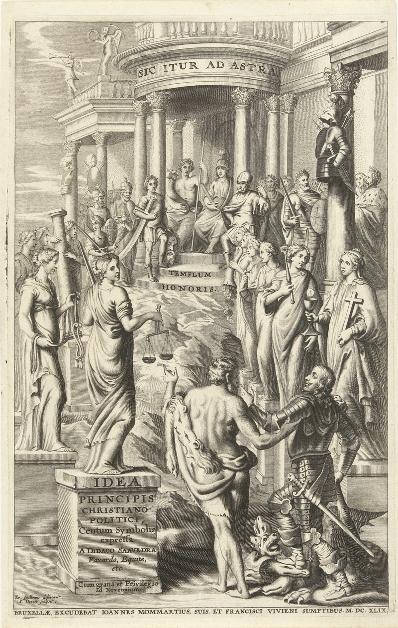 Hercule conduit un homme à travers les personnifications des vertus vers le temple de la gloire éternelle (Page de titre pour: Idea principis christiano-politica, Centum Symbolis expressa, Bruxelles 1649) - J. Danoot