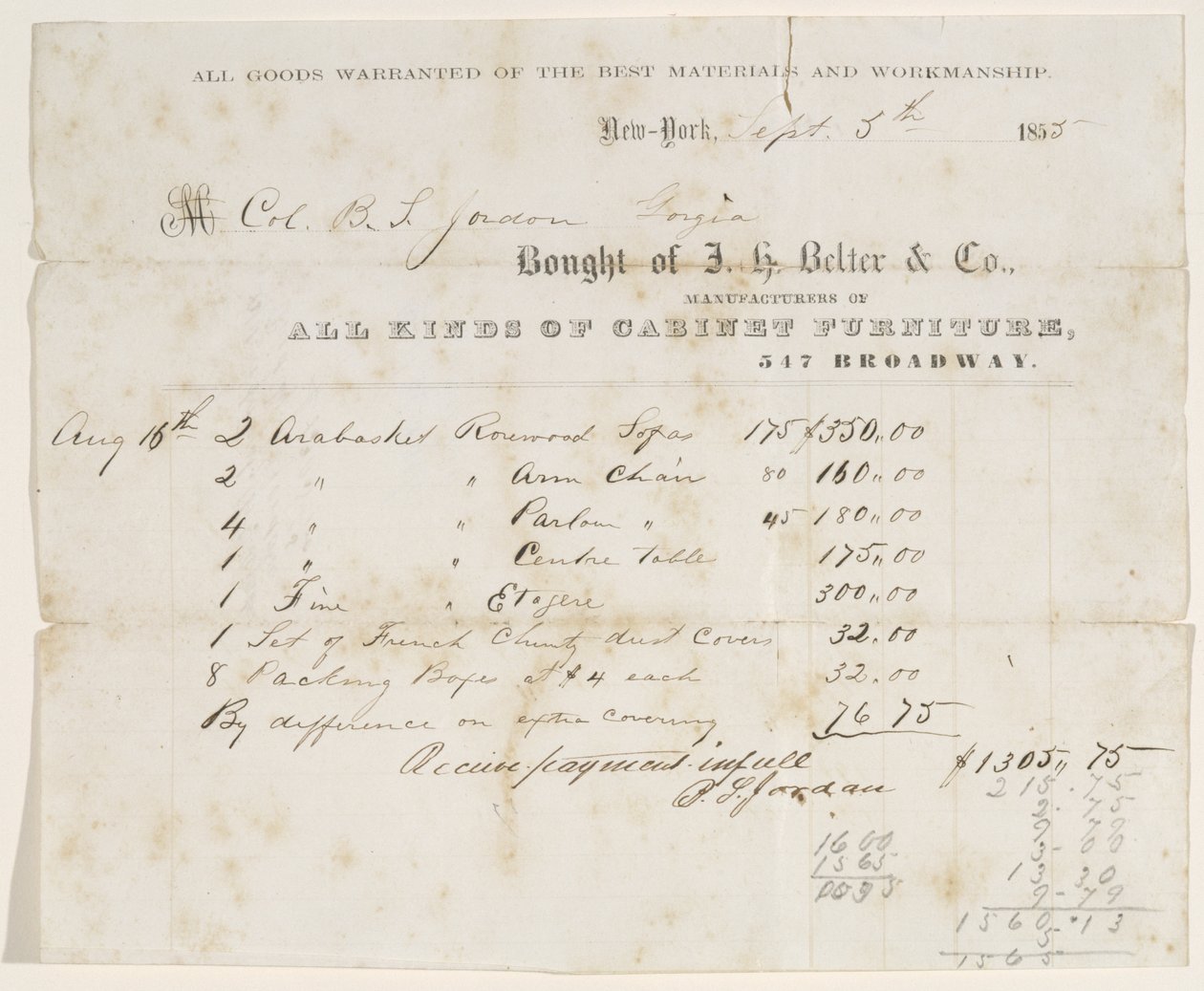 Acte de vente au Col. B. S. Jordan, 5 septembre 1855 - J. H. Belter and Co. J. H. Belter and Co.