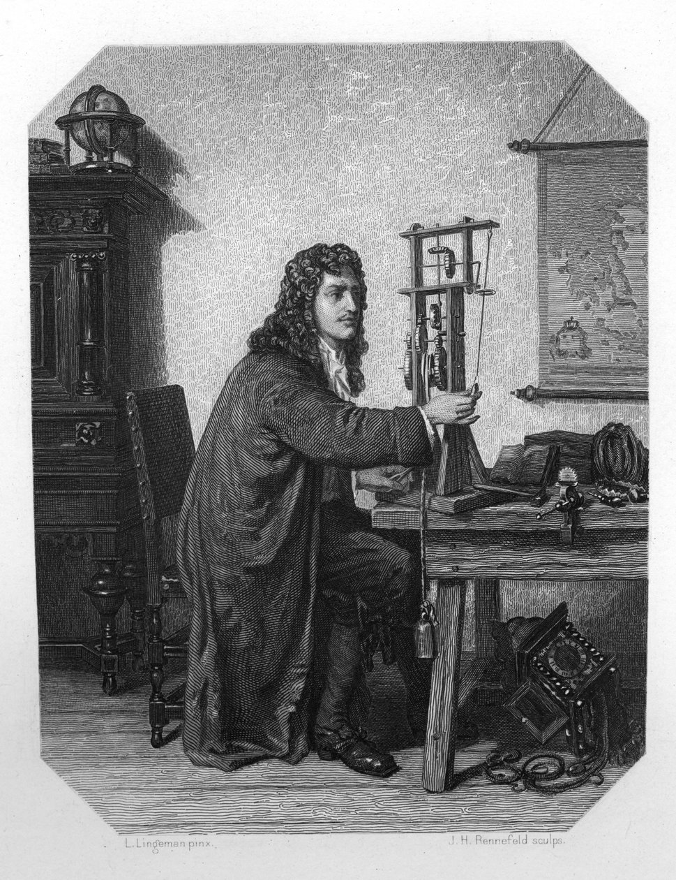 Christiaan Huygens, mathématicien, astronome et physicien néerlandais du XVIIe siècle, vers 1870 - J. H. Rennefeld