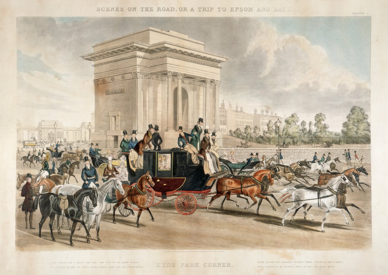 Voitures à cheval le long de Hyde Park Corner, Londres, 1838 - J Harris