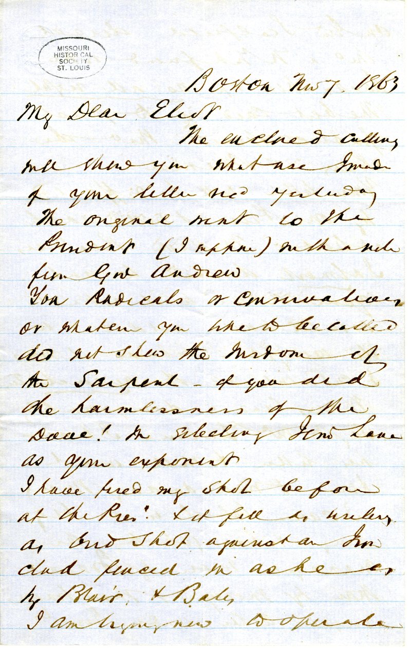 Lettre signée J.M.F. [J.M. Forbes], Boston, à Eliot [William G. Eliot], 7 novembre 1863 - J. M. Forbes