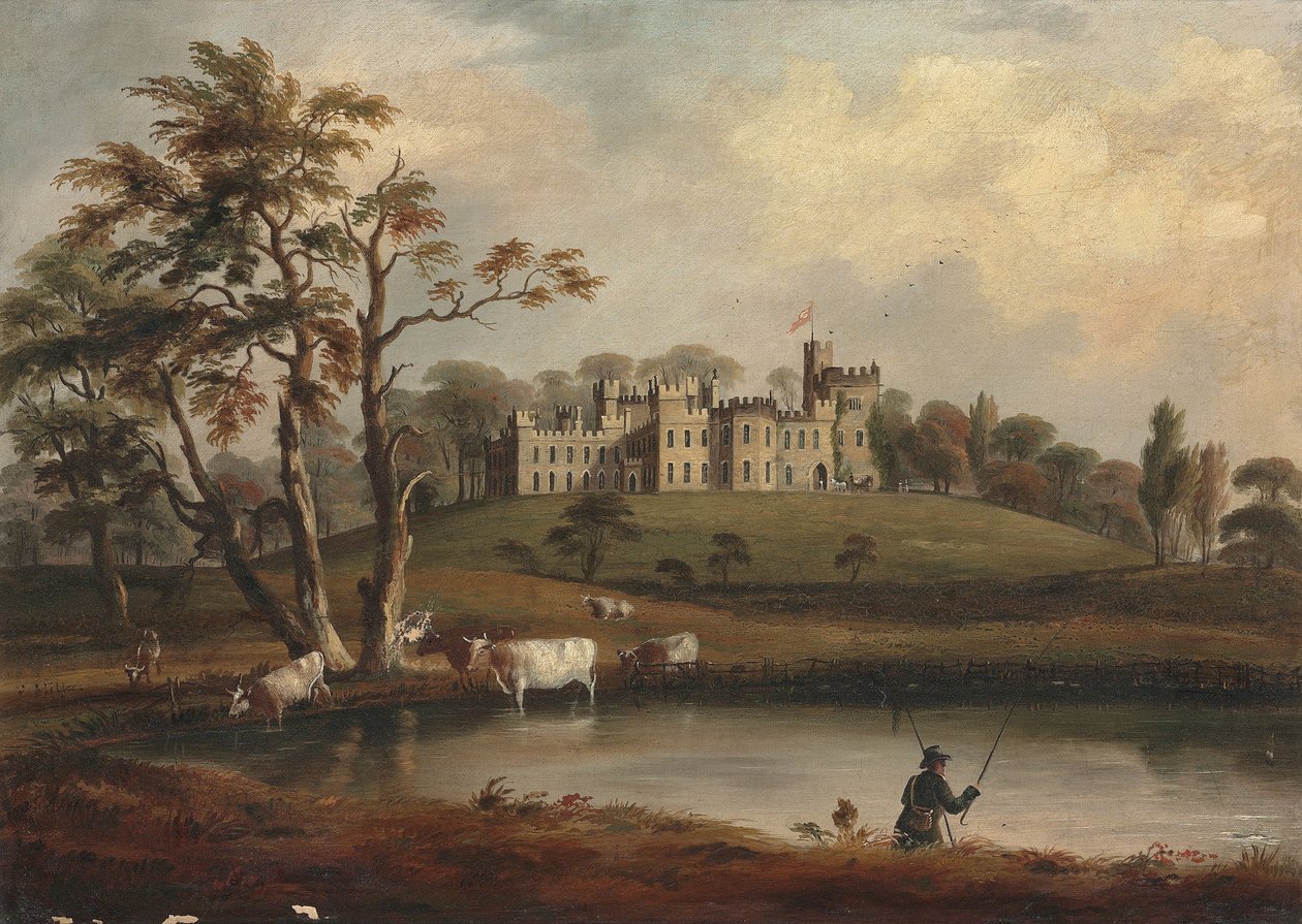 Vue du château de Hornby, Yorkshire, avec un pêcheur et du bétail sur les rives de la rivière Wenning - J. Miller