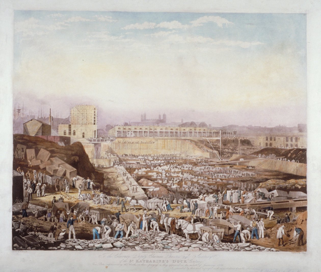 Vue des travaux de construction au quai St Katherine, Stepney, Londres, janvier 1828 - J Phelps